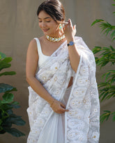 White Chikankari Work Pure Organza Saree